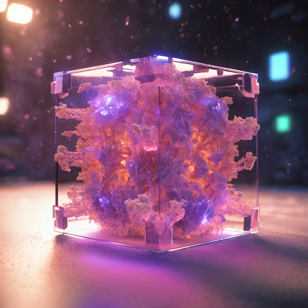 concept art of a clear glowing cube on the ground, beautiful realistic atmosphere, environment, detailed, realistic, concept art, unreal engine 5, structure, sci-fi, ray tracing, CGI, perfect visuals, lighting, smooth, movie, screen-space reflections, ambient occlusion, scenes, aesthetics, bloom, shadows, perfectly drawn, textures, cinematic, sharp edges, hdr effect, blender 3d, asset library, art station, realism, retro-futurism, 90s, 80s, vintage effect, vaporwave, chillwave, close up, ground material is white, synthwave, retro wave,