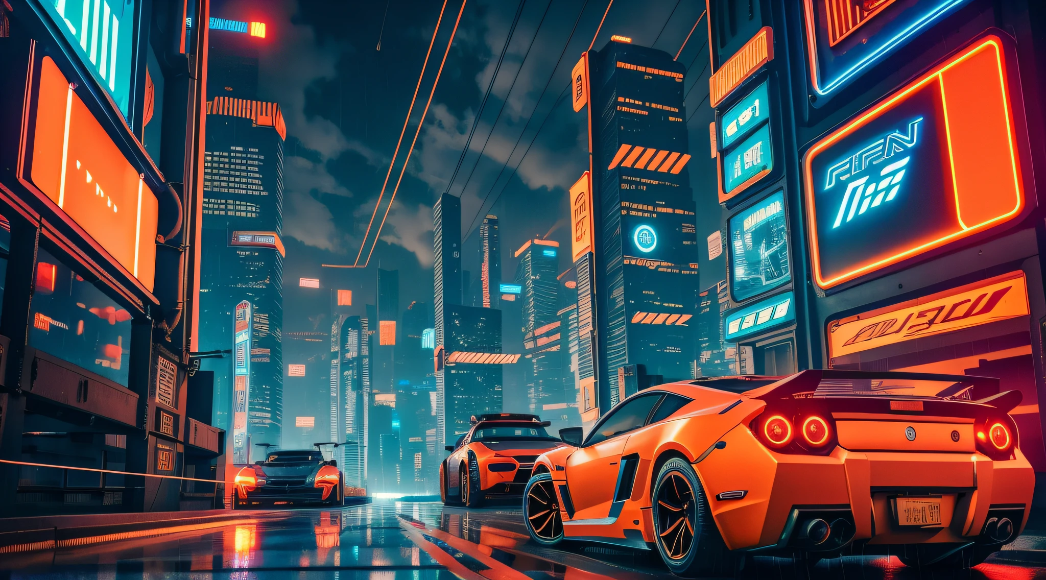 Realistic cyberpunk cityscape at night, Orange is the main color, Blue and red details, dark night sky, Realistic neon lights and reflections, Light rain atmosphere, Cyberpunk cars on the road, Ultra detailed, Best quality, No Man, No Man, skylines