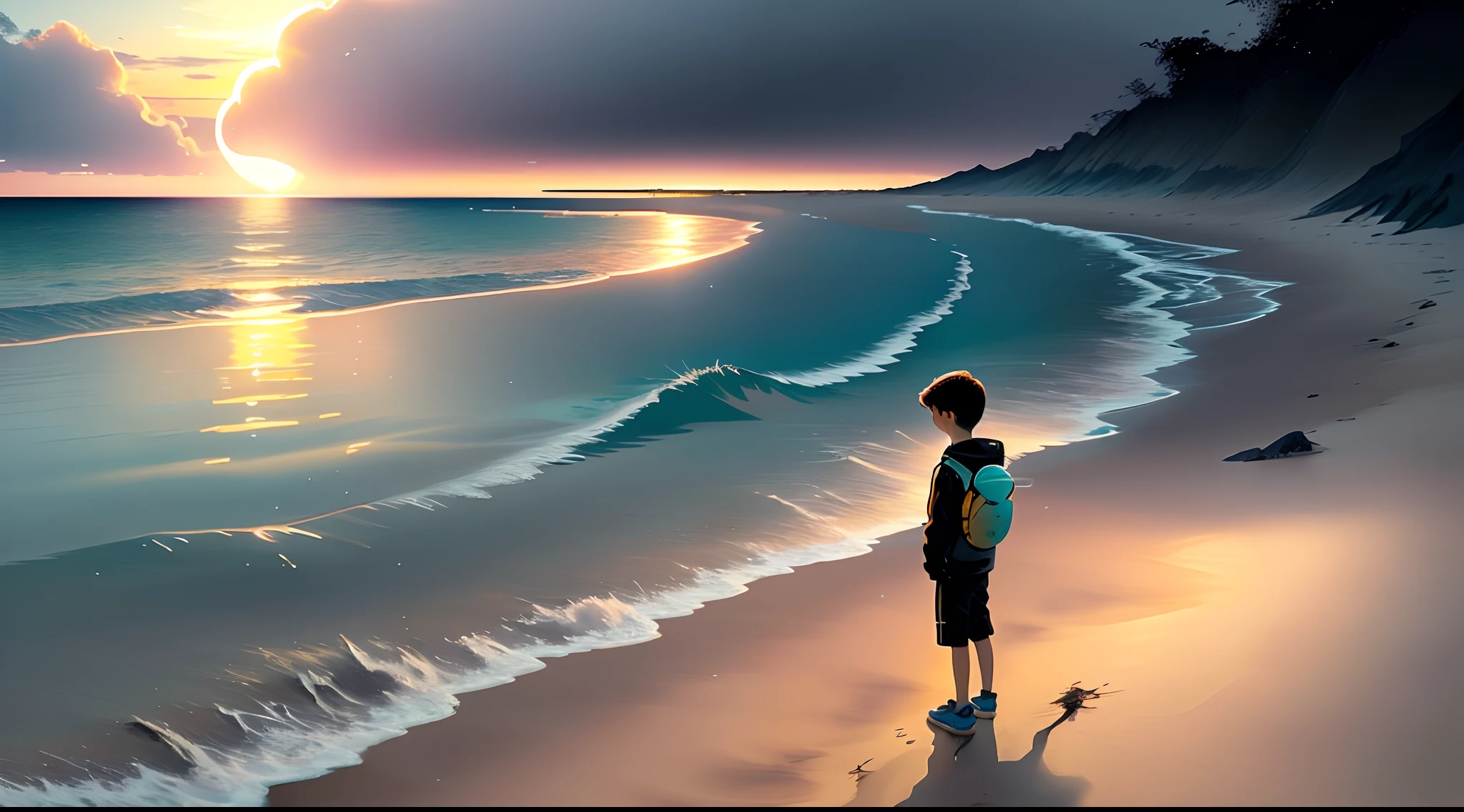 "Generate an AI art prompt depicting a young boy standing alone on a serene beach at sunset, with the vibrant hues of the sky reflecting in the water and creating a sense of tranquility and solitude."