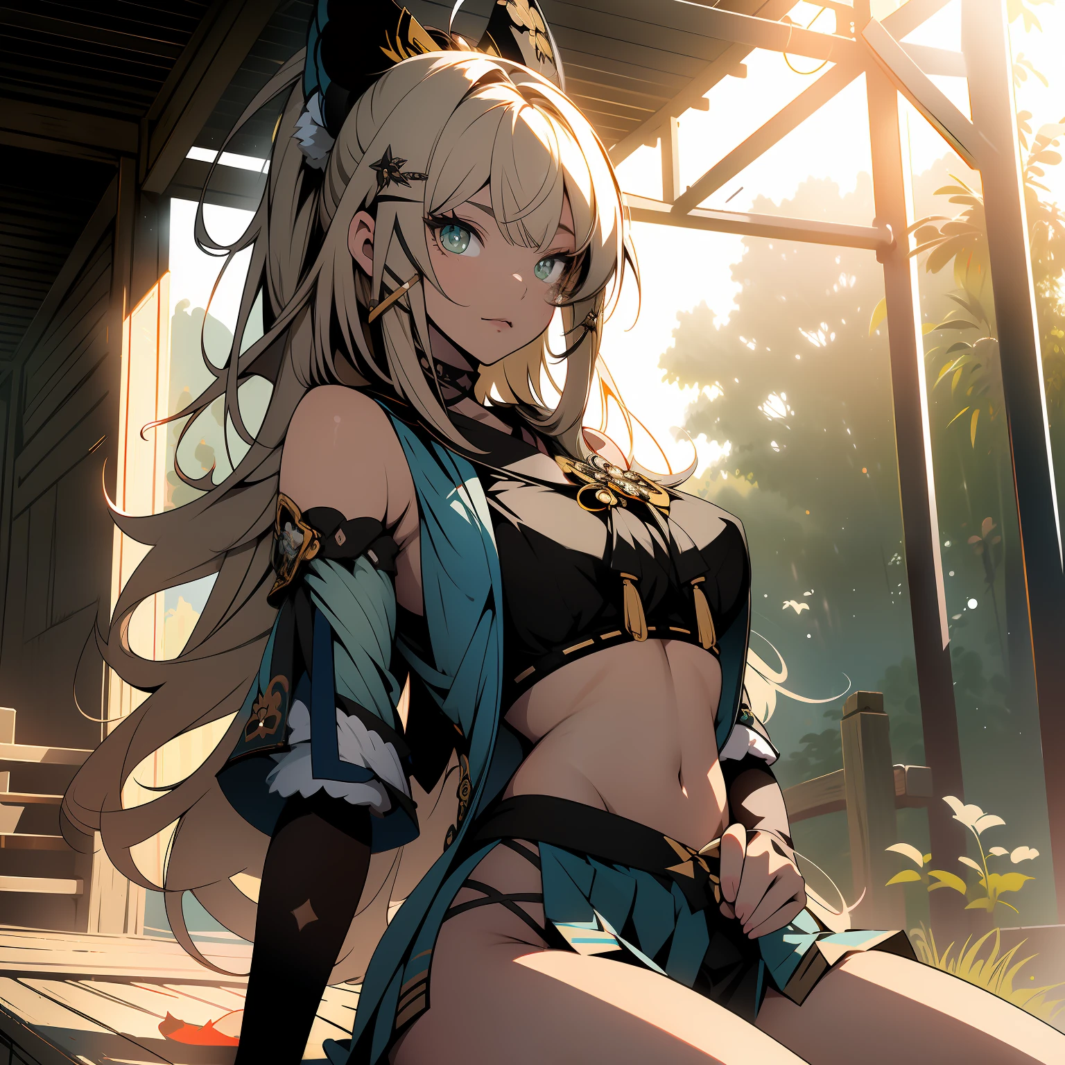 (masterpiece, best quality), 1girl, ( 1girl ) beautiful girl, kirara (genshin impact), ((see-through)) ,sitting on the ground, view from below, panties, (masterpiece, best quality), (detailed face and eyes) (detailed beautiful eyes) ((detailed femenine hands)) beautiful femenine hands, long nails, cowboy-shot, visible bellybutton, legs, flirty look, sexy, full of sensuality, looking at viewer, black panties