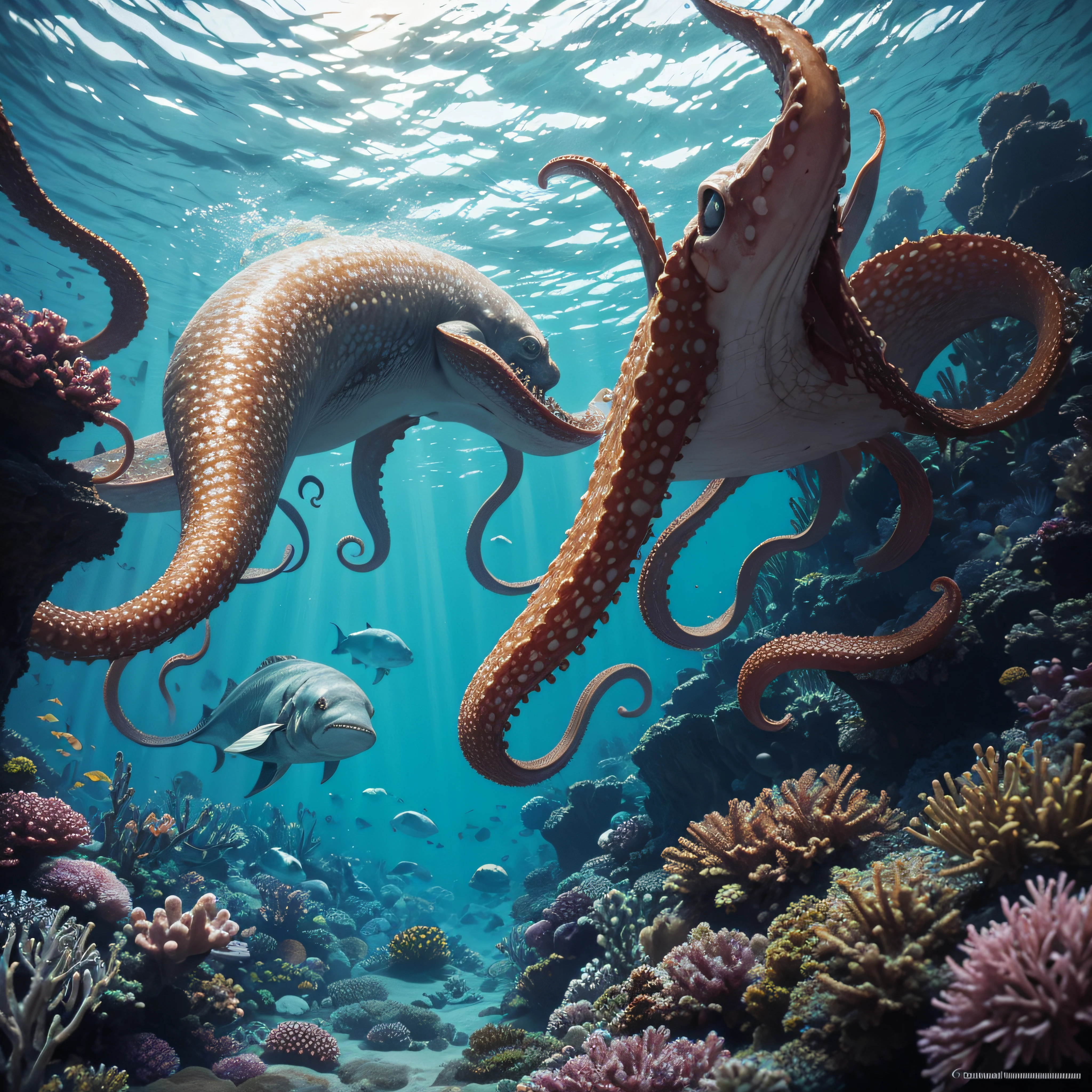 (extremadamente detallado, obra maestra, La mejor calidad, Under the Ocean), Estilo oscuro, volumetric illumination. armadura medieval, rostro con arrugas, lengua larga, tentacle, deforme, imagen submarina vista desde el exterior, pico de pulpo amenazante. manchas de tinta. Rococo composition. Luz de caravaggio