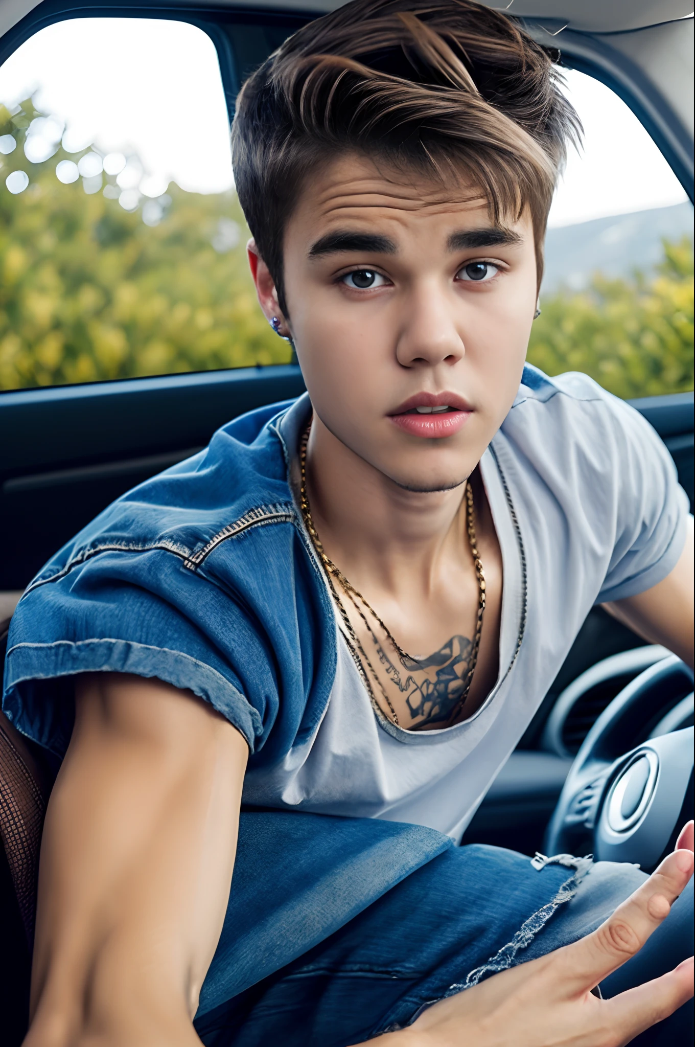 Justin Bieber em cima de um carro