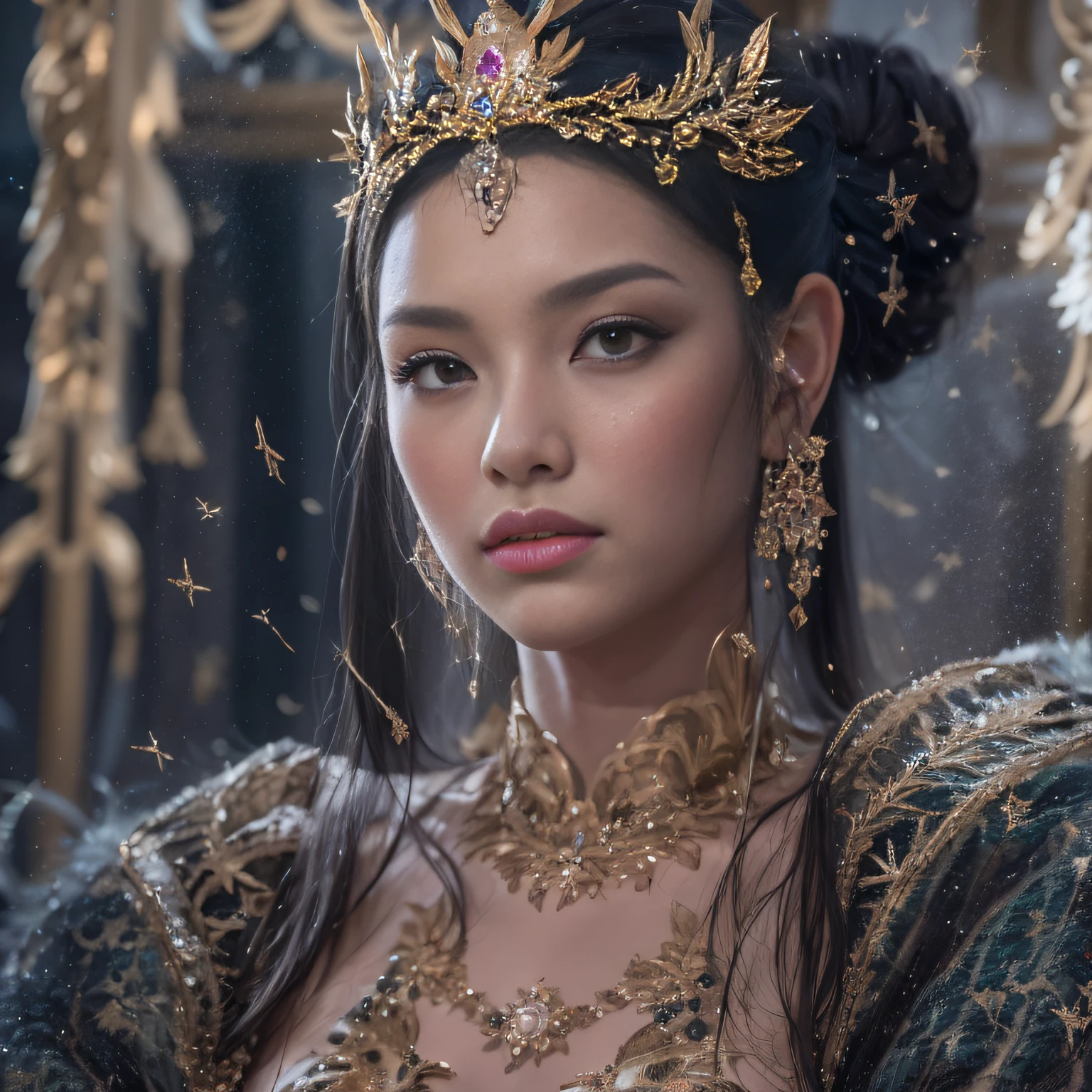 16k（tmasterpiece，k hd，hyper HD，16k）Long flowing black hair，Jewelry quarter in the back room，Brunette King ，Dragon Protector （realisticlying：1.4），Python pattern robe，Purple-pink tiara，Snowflakes fluttering，The background is pure，Hold your head high，Be proud，The nostrils look at people， A high resolution， the detail， RAW photogr， Sharp Re， Nikon D850 Film Stock Photo by Jefferies Lee 4 Kodak Portra 400 Camera F1.6 shots, Rich colors, ultra-realistic vivid textures, Dramatic lighting, Unreal Engine Art Station Trend, cinestir 800，Hold your head high，Be proud，The nostrils look at people