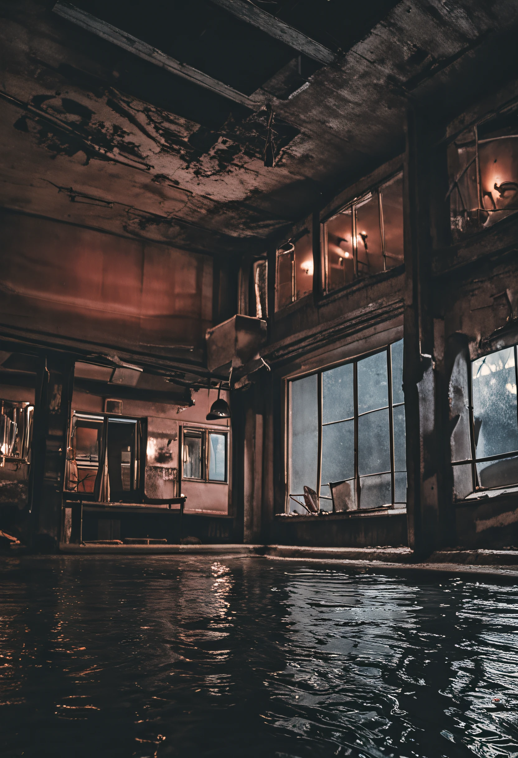 Nostalgic but unsettling photos、Images in a dream、uneasy、deep in the night、natta、((Indoor swimming area、Middle chair、unmanned))、Almost no light、murky、Particle、Grainy photo、Film Touch、horor、terrifying、wide angles、wide-angle lens、