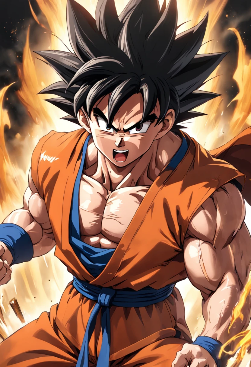 Dragon Ball Goku,Great ape, full body portrait,of a real,Facial features are carefully depicted,Realistic skin texture,Dark style,depth of fields,high light,Real light,Ray traching,oc rendered,Hyper-realistic,best qualtiy,8K,Works of masters,super-fine,Detailed pubic hair,Correct anatomy,sharp focus on eyes,facial features are carefully depicted. Goku Disfrutando de Fideos Chinos en un Restaurante" Description: En un restaurante acogedor con toques orientales, Goku, el famoso guerrero saiyajin, se encuentra en la cocina, rodeado de aromas deliciosos. Dressed in his iconic martial arts uniform, Goku is sitting on a high stool in front of a kitchen counter.. A cup of steaming Chinese noodles rests in front of him, mientras sostiene los palillos con destreza. With a smile of anticipation, Goku se dispone a saborear los fideos con entusiasmo. His fellow Z warriors meet at a nearby table, Observing with amusement his encounter with terrestrial cuisine. Behind him, los chefs del restaurante, ataviados con sus uniformes tradicionales, They watch with admiration the legendary fighter as he enjoys the meal. The atmosphere is full of warmth and camaraderie, despite the epic adventures that Goku and his friends regularly face. Soft lighting enhances the scene, making the colors of the ingredients and the decoration of the restaurant shine with a cozy luminosity. La imagen captura un momento inusual y relajado en la vida de Goku, showing his most human side while enjoying an earthy meal in the midst of his amazing exploits.