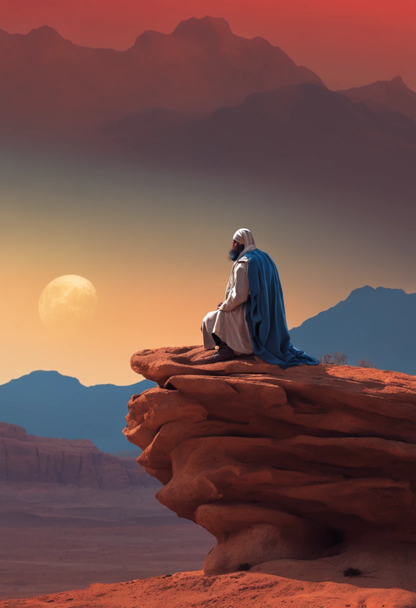 There is a man sitting on a rock in the desert, inspirado em , Papel de parede - 1 0 2 4, the wise man is riding on top, Sufismo, inspirado em Arkhip Kuindzhi, Vereshchagin, George Clinton, an arab standing watching over, sentado em uma rocha marciana, inspirado em Michael Whelan