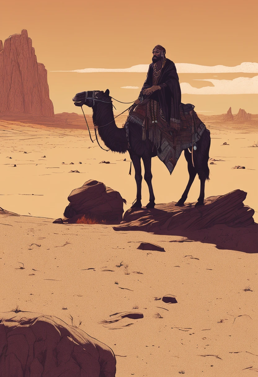 There is a man sitting on a rock in the desert, inspirado em , Papel de parede - 1 0 2 4, the wise man is riding on top, Sufismo, inspirado em Arkhip Kuindzhi, Vereshchagin, George Clinton, an arab standing watching over, sentado em uma rocha marciana, inspirado em Michael Whelan