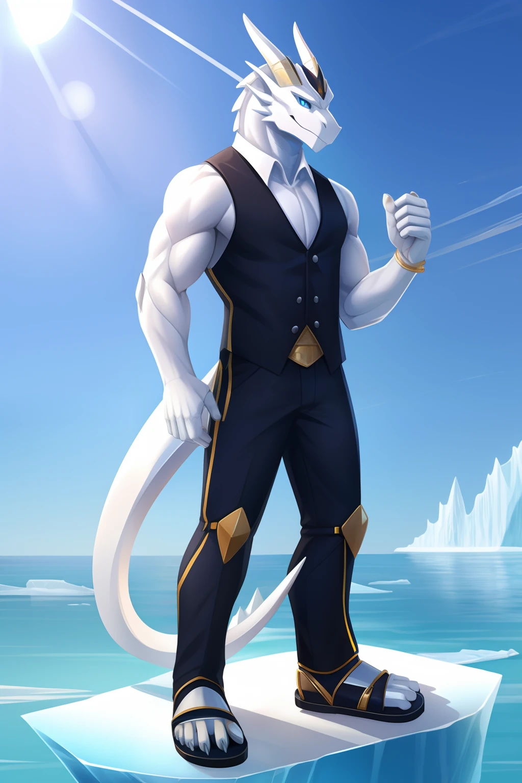 Mechanical dragon，White belly，Gold back，Black vest，White sandals，Stand on an iceberg。