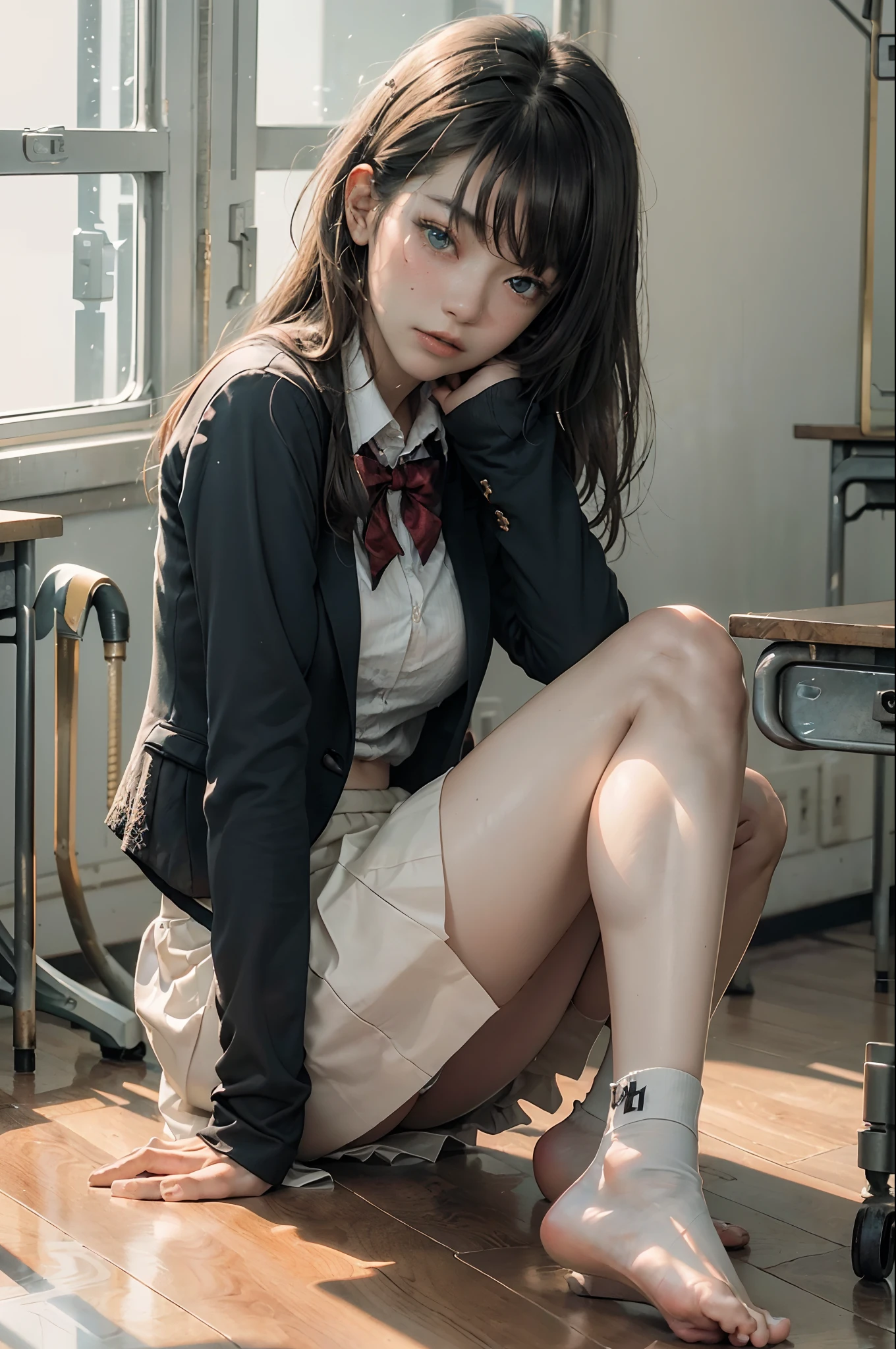 (8K, RAW photography, top-quality, tmasterpiece:1.2), 1girl in, 。.3D, Voluptious body, Beautiful face, Photogenic , 。.3D, Blazer uniform, The skirt consists of lips, High school students, ((Classroom at evening))、 school uniform, Real, Photorealsitic、 shiny skins、beautiful delicate face、Beautiful delicate eyes、pleatedskirt、Lace panties、(Sleep on the floor)、(Troubled face)、(Red blush)、embarrassed from、 The skirt lifts itself、(Spread your legs wide)、Sitting with knees bent、(natta)、Natural soft light、Look away、Show off yours,four legged