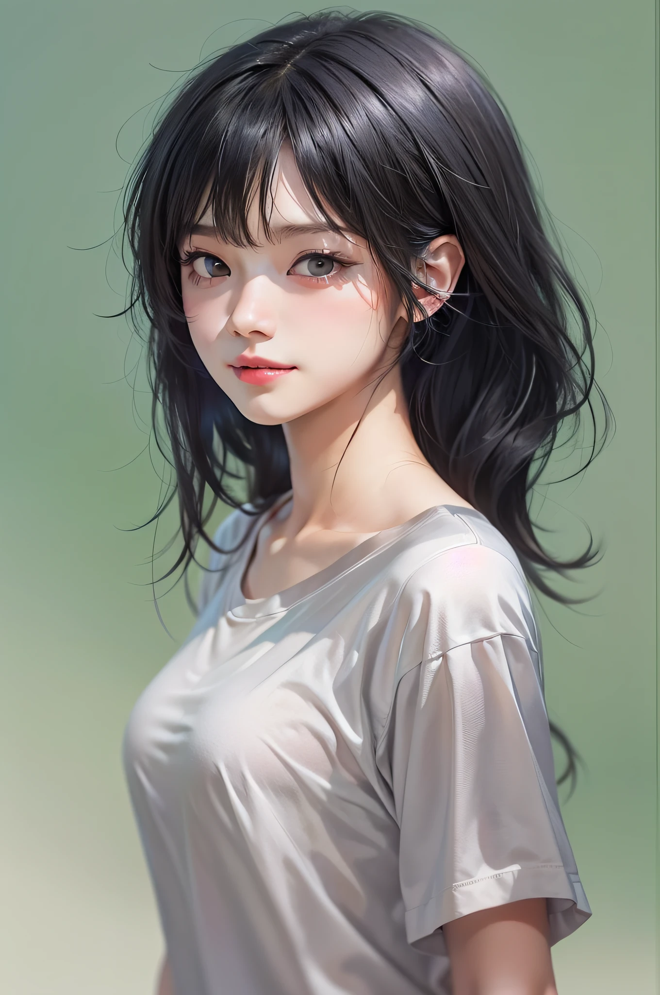 a dramatical 17 years old female, camera on back side, slightly smile, Vietnamese woman, black hair, back, discreet style, black hair, wearing a white shirt