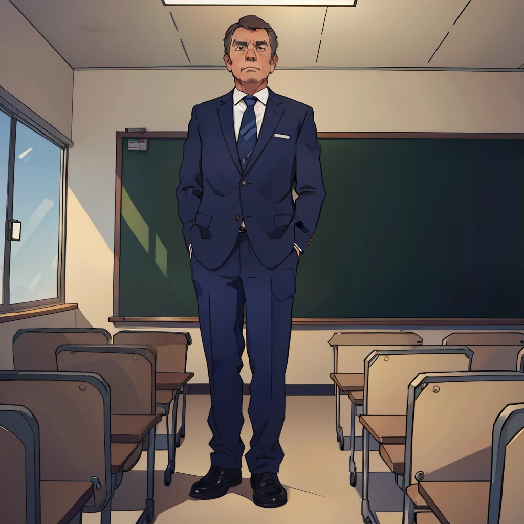 A middle-aged man,dressed in a suit,Stand on the podium of the classroom,shaded