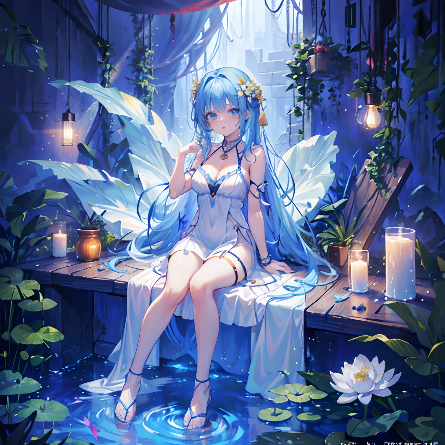 ｛1girll，独奏｝（The body is petite），（Lori huge breasts cleavage）（ Blue long hair），Long hair，（Single braid，Princess head），By bangs，Floating hair，（blue color eyes），glowing light eyes，（White fairy long dress），floating long dress，There are tassel hangings on clothes，She wears an emerald bracelet on her wrist，A jade pendant hangs around his neck，（Barefoot），Thigh straps，The girl had a copper bell tied to her ankle，White sandals，（Sitting），Babbling water，lotuses，Lotus leaves，（shyexpression），（sportrait：1.2），（Face focus：1.2），Cover style，moderately sized breasts，（（Best quality at best）），（（extremely detaile）），（（Masterpiece）），（（Ultra-high resolution）），（（Very detailed 8k wallpapers）），（morningglow），light particules，volumettic light，（（Fine beautiful face and eyes）），depth of fields，ssee-through，dynamic scene，（unreal-engine），Colored tones，Chinese national style，hair glowing，Glossy glossy skin，