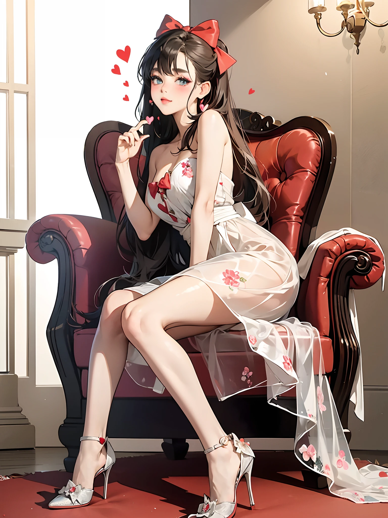 (​masterpiece)、(top-quality)、
makeup, red blush, 耳Nipple Ring, heart, high-heels, 1girl in, florals, the bow,looking in camera