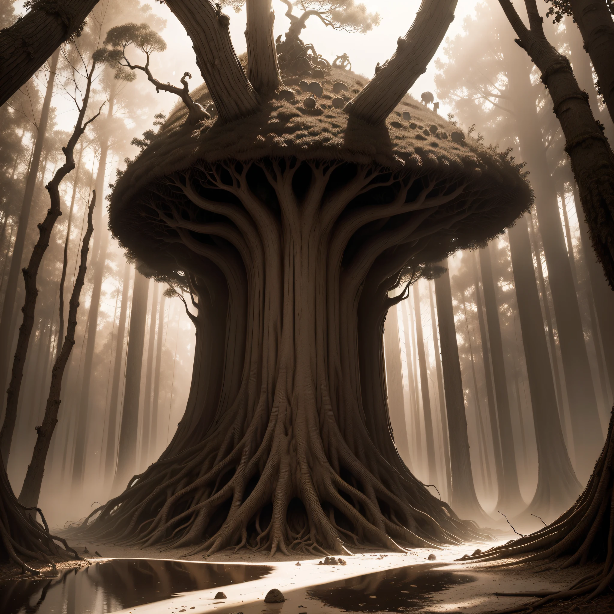 (extremadamente detallado, obra maestra, La mejor calidad, Tono sepia) bosque enorme, Skulls come out of tree trunks, Flooding, ruinas. Daytime Lighting.