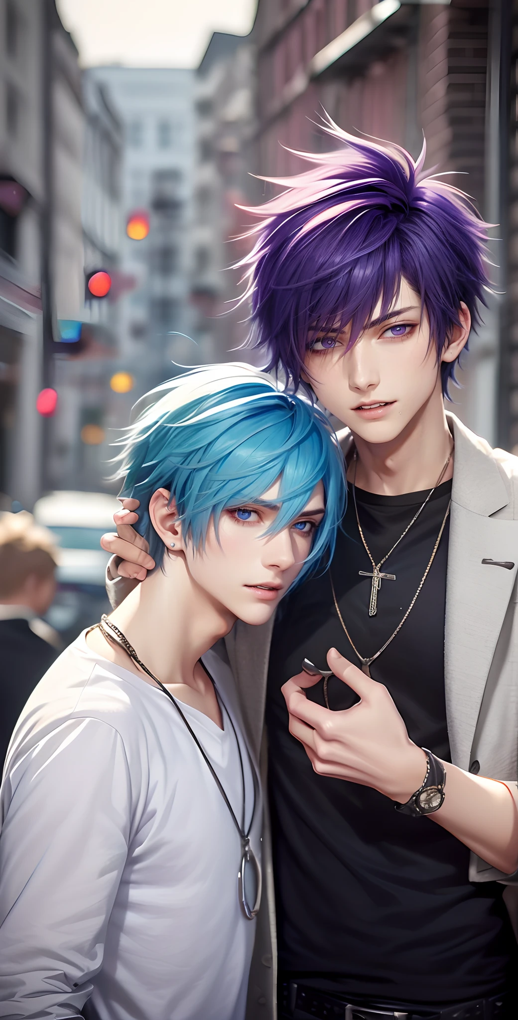 ​masterpiece, top-quality, 2Others, Male couple, 1 man and 1,, Adults, Height difference, different fashion, different color, finely eye and detailed face, intricate detailes, Casual clothing, Oversized shirt, Modern urban streets, A smile, Happiness, tenderness, queers, Boys Love, high-level image quality、 Two beautiful men、tall、The upper part of the body、nightfall、nighttime scene、𝓡𝓸𝓶𝓪𝓷𝓽𝓲𝓬、Korean Male, Idol Photos, k pop, Professional Photos, Vampires, Korean fashion in black and white, Fedoman with necklace, inspired by Sim Sa-jeong, androgynous vampire, :9 detailed face: 8, extra detailed face, detailed punk hair, ((eyes are brown)) baggy eyes, Seductive. Highly detailed, semi realistic anime, Vampires, hyperrealistic teen, delicate androgynous prince, imvu, short hair above the ears, Man with short hair, With a purple-haired man with a wild expression, Man with light blue hair with gentle expression, ((With a short-haired man with bright purple hair)), ((Man with light blue hair))