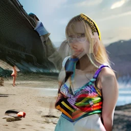 1girls,realistic, bikini, background beach, Korean face,blonde hair