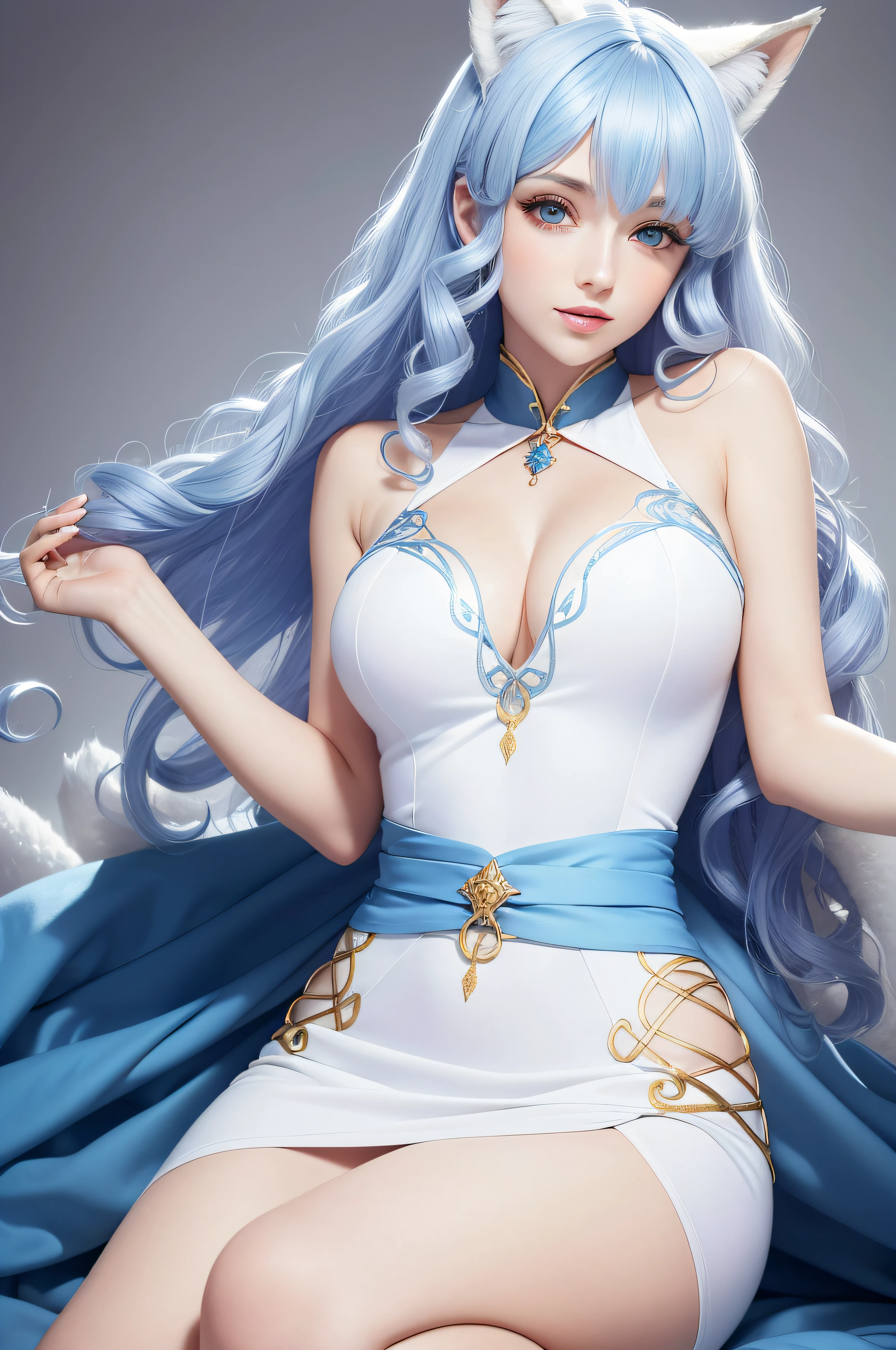 woman with，golden curly hair，blue color eyes，White fox ears，tightly dress