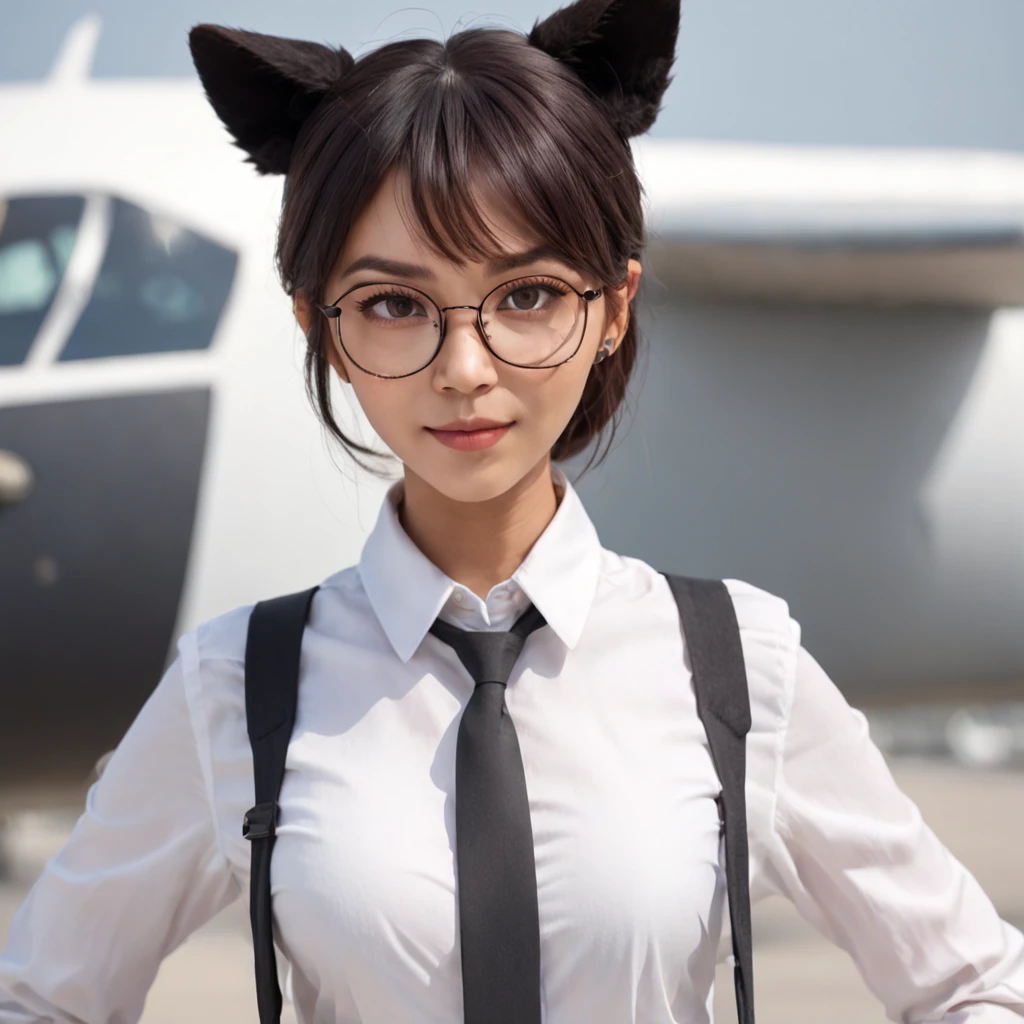 1girl, short black bob hair, yellow eyes, Round glasses, tan skin,dark skin ,BROWN SKIN, SHE HAS LIGHT BROWN SKIN, ite body, wearing plain white formal work shirt, wearing long black pants, business tie, absurdres, high res, ultrasharp, 8k, masterpiece, looking at viewer, cat ears, airline pilot uniform, airline pilot hat, white background, short sleeve, bangs, flat chest, whiskers, androgynous, she has cat ears on her head, she has cat teeth, cloudy background, holding pet black cat, smiling, large round glasses, no airplanes, airplane cabin background, wearing a choker on neck