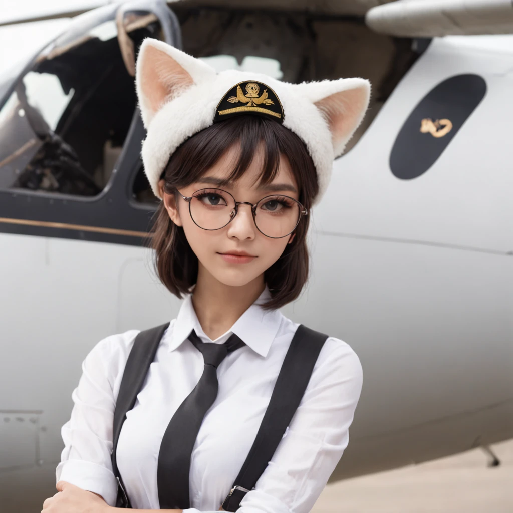 1girl, short black bob hair, yellow eyes, Round glasses, tan skin,dark skin ,BROWN SKIN, SHE HAS LIGHT BROWN SKIN, petite body, wearing plain white formal work shirt, wearing long black pants, business tie, absurdres, high res, ultrasharp, 8k, masterpiece, looking at viewer, cat ears, airline pilot uniform, airline pilot hat, white background, short sleeve, bangs, flat chest, whiskers, androgynous, she has cat ears on her head, she has cat teeth, cloudy background, holding pet black cat, smiling, large round glasses, no airplanes, airplane cabin background, wearing a choker on neck