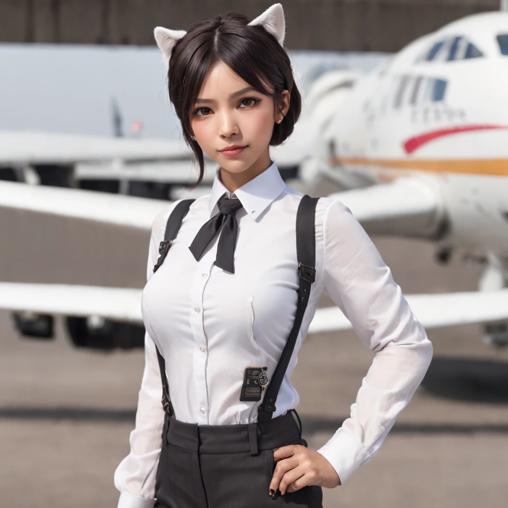 1girl, short black bob hair, yellow eyes, Round glasses, tan skin,dark skin ,BROWN SKIN, SHE HAS LIGHT BROWN SKIN, ite body, wearing plain white formal work shirt, wearing long black pants, business tie, absurdres, high res, ultrasharp, 8k, masterpiece, looking at viewer, cat ears, airline pilot uniform, airline pilot hat, white background, short sleeve, bangs, flat chest, whiskers, androgynous, she has cat ears on her head, she has cat teeth, cloudy background, holding pet black cat, smiling, large round glasses, no airplanes, airplane cabin background, wearing a choker on neck