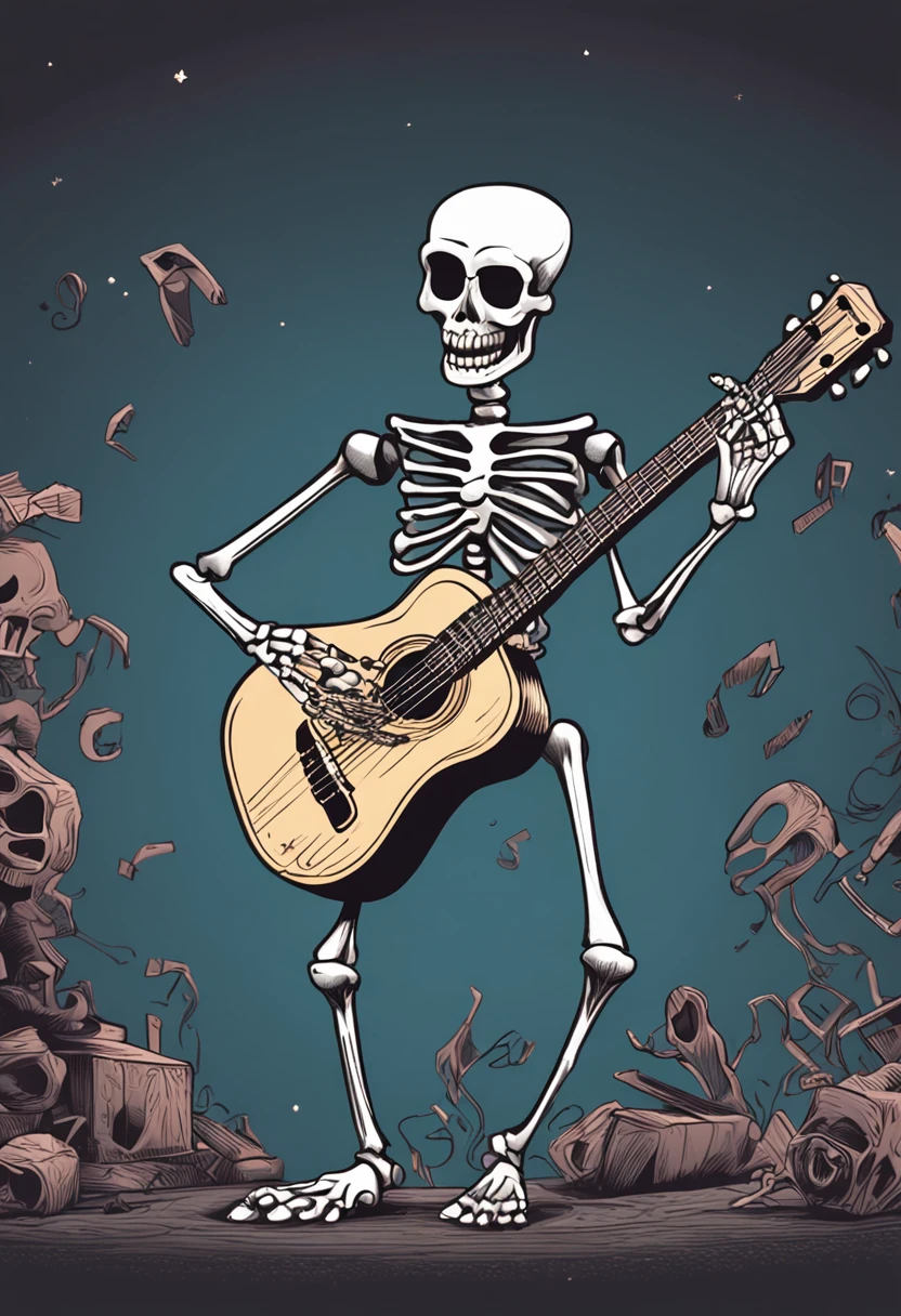 a dancing skeleton with big smile, black fingers, playing a guitar, gray simple background,