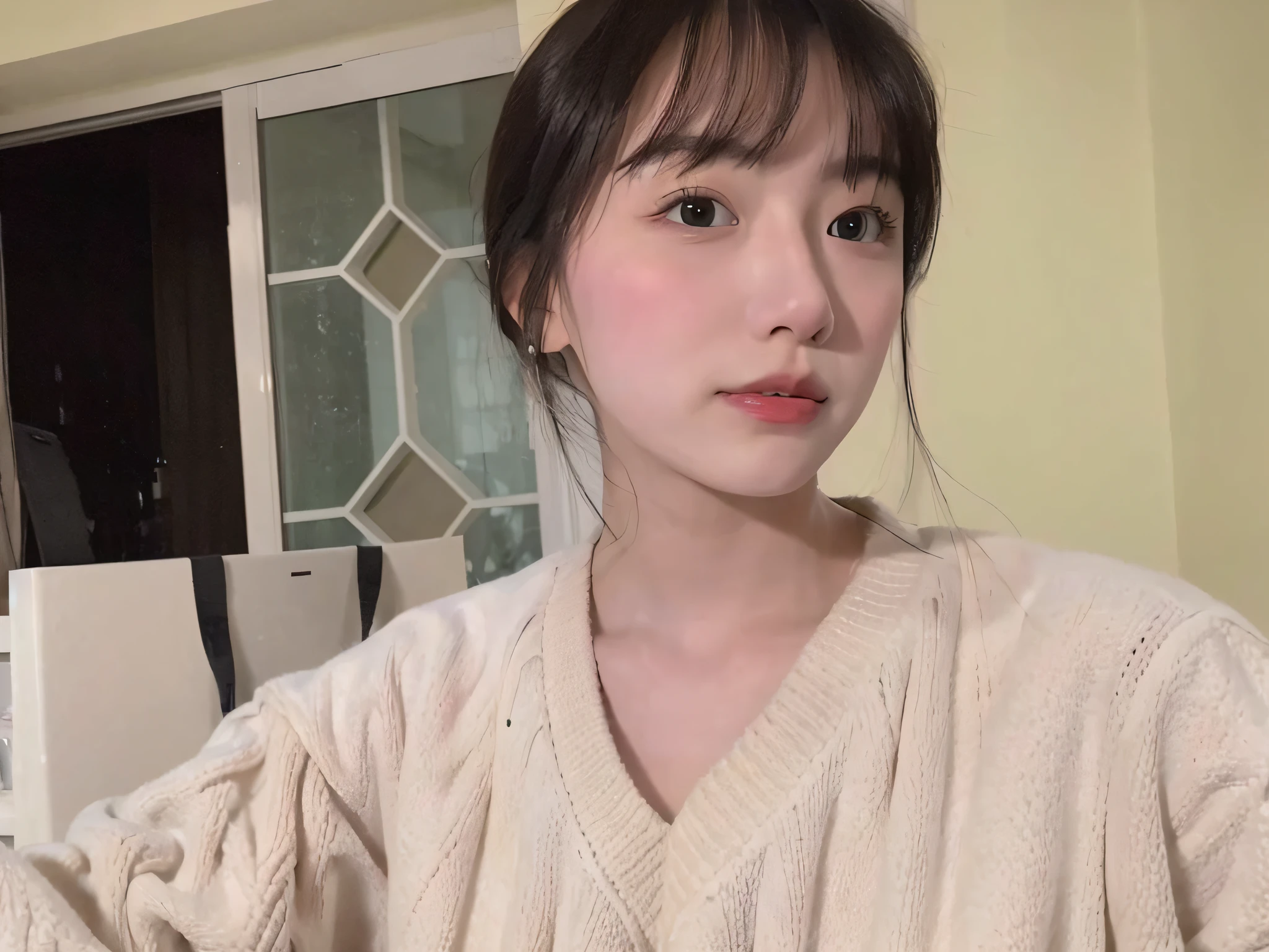 Pose for a photo in a white sweater, 8k selfie photograph, 19-year-old girl,Highlight large breasts