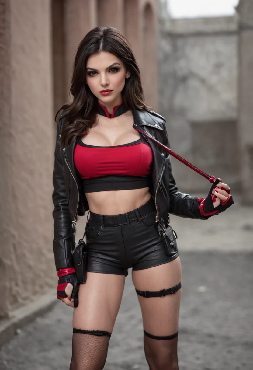 sexy Victoria justice as beautiful female superheroine . dark brown hair brown eyes wears a black midriff top with a red stripe on the center and an opening on the chest , wears a domino mask. Wears a small pink leather jacket , wears black shorts that in red in the center, with the addition of fishnet stockings. Wears black boots with a pink outline, she is holding pair of electric Escrima Sticks portrait photography by artgerm, in the style of realism, glistening skin, , natural lighting, Defined full lips. Muscular fitness feminine body