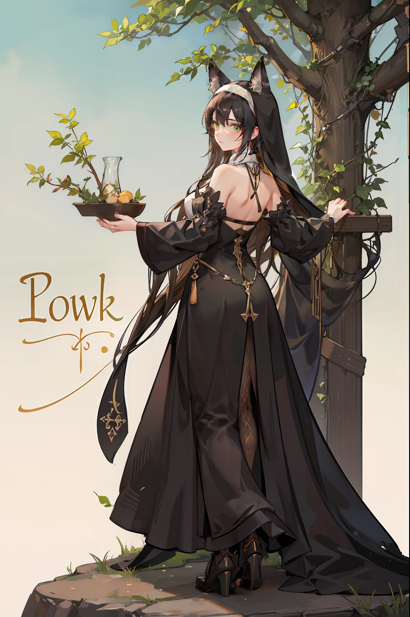 one woman, fox ears, fox tail, nun dress, dark brown hair, green eyes, big ass, small chest, nun habit, full body, mature lady, tall person, loincloth, sexy,