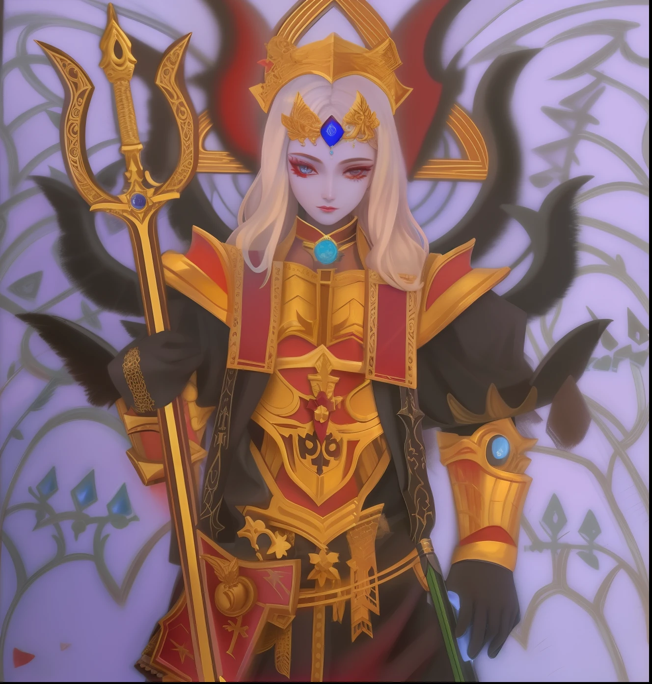 Painting of a woman with a sword and a demon costume, O Deus Imperador da Humanidade, pintado no estilo arcano, Deus masculino bonito da morte, O Deus do Caos, godess do mal, aparece como a deusa do fogo, inspirado no Mestre da Lenda de Santa Luzia, inspirado no Aquirax Uno, demoness, inspirado em Xul Solar, desenho colorido