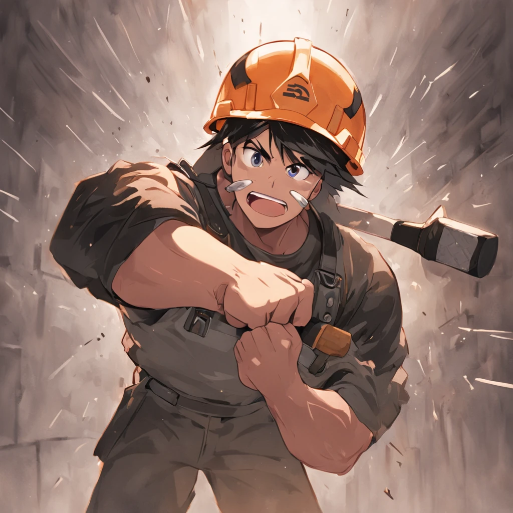 Create a logo for a hardware trade with the following description: Estilo: Cartoon realista Formato: PNG Cores: Preto e branco Elementos principais: A brick wall in sight with a hole being repaired by a professional with a strong Thor-like physique and a well-defined face appearance, uniformed with construction overalls. He should be holding a sledgehammer in his right hand and a screw between his lips in his mouth. Detalhes: O rosto do profissional deve ser realista e bem detalhado. The broken wall with the hole should also be detailed with lighting. The screw held between the lips of the professional should be visible and well highlighted. action: The professional must be working in construction, using the sledgehammer tool in one hand and knocking down the brick wall in sight with the sledgehammer. Remember that the logo should convey the idea of a hardware trade, That is why it is important that the professional is performing an activity related to the construction and repair of walls.