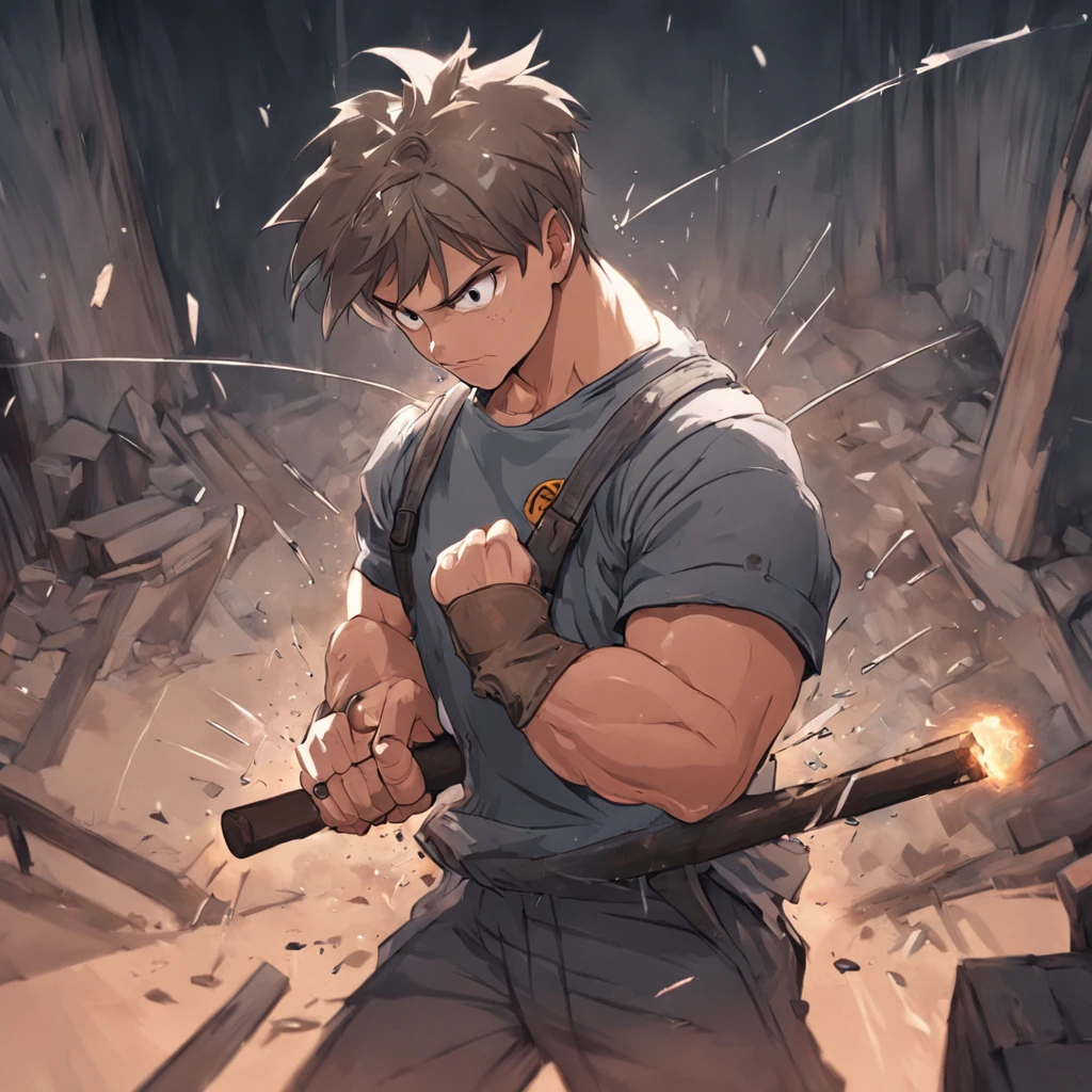 Create a logo for a hardware trade with the following description: Estilo: Cartoon realista Formato: PNG Cores: Preto e branco Elementos principais: A brick wall in sight with a hole being repaired by a professional with a strong Thor-like physique and a well-defined face appearance, uniformed with construction overalls. He should be holding a sledgehammer in his right hand and a screw between his lips in his mouth. Detalhes: O rosto do profissional deve ser realista e bem detalhado. The broken wall with the hole should also be detailed with lighting. The screw held between the lips of the professional should be visible and well highlighted. action: The professional must be working in construction, using the sledgehammer tool in one hand and knocking down the brick wall in sight with the sledgehammer. Remember that the logo should convey the idea of a hardware trade, That is why it is important that the professional is performing an activity related to the construction and repair of walls.