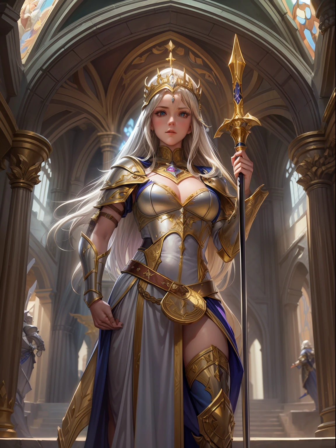 Look from the bottom up,low angle shot,Highly detailed portrait of Paladin Guinevere,Wear armor,shelmet,epee,big sword,Cross sword,sword,Silvertone,holy rays,god light,medieval times,Noble,setia,Servant of Jesus,Solemn,Gold accents,epic fantasy digital art,devout,Victorian style,tmasterpiece,8K,high definition resolution,Detailed detail drawing,high qulity,Inspiration came from Guinevere,author:John Collier,detailed fantasy art, Fantasy cosplay portrait, Fantasy art Behance
