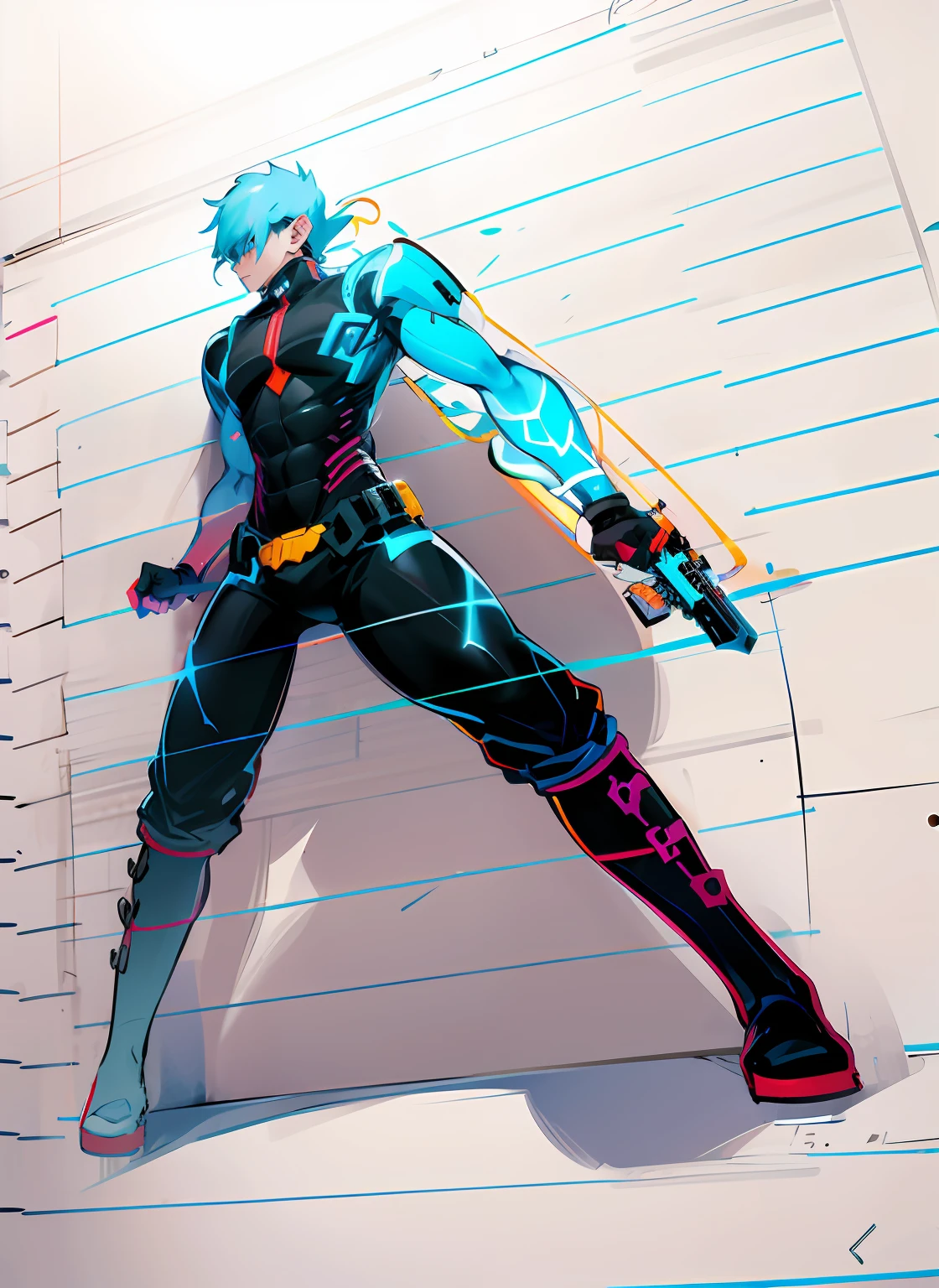 Someone is drawing a picture of a man with a gun, trigger anime artstyle, anime style character, Anime figure, clean anime outlines, comic character, an anime drawing, badass posture, Full body character drawing, male anime character, concept character, comic drawing, Epic anime style, anime sketch, inspired by Ryūsei Kishida, sketchy artstyle，Add the background of the integration of ancient Chinese architecture and modern technology