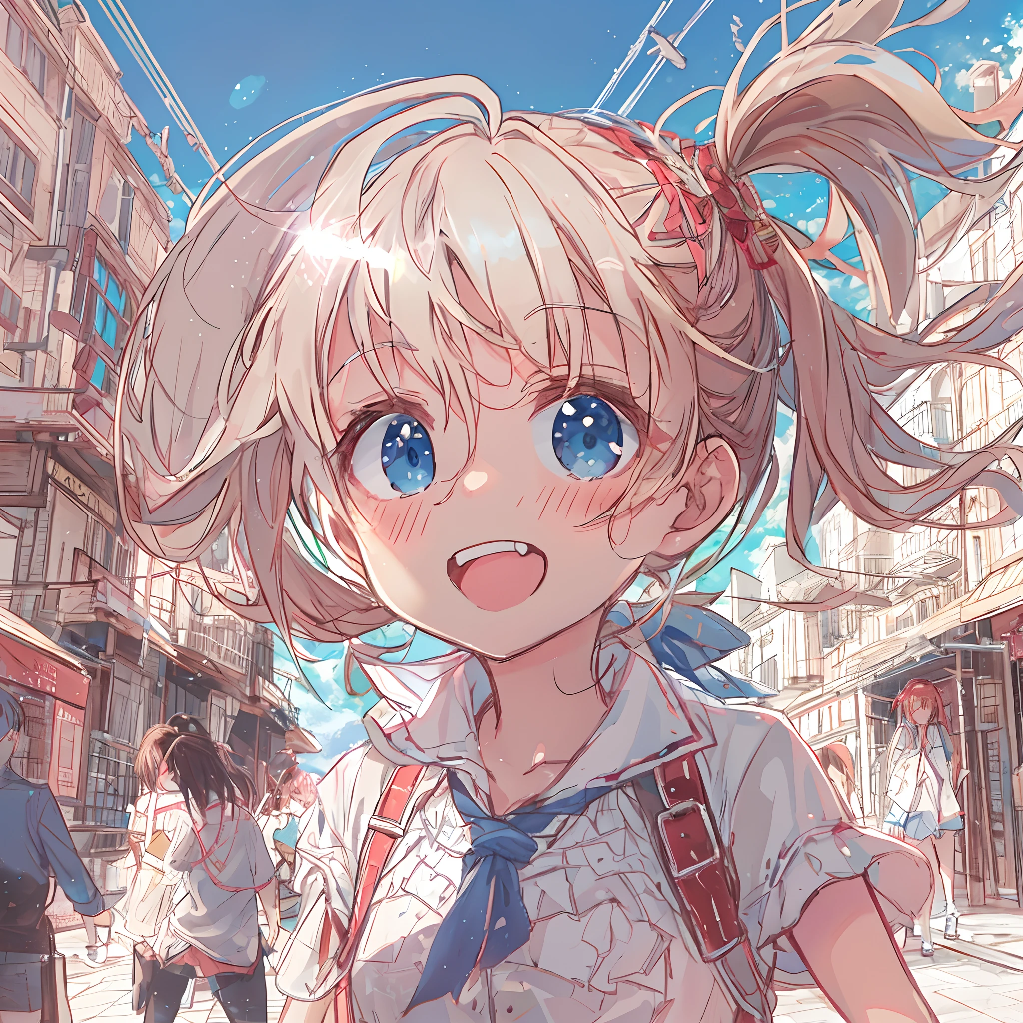 absurderes, hight resolution, (Anime style:1.1), ((masutepiece)), ((Best Quality)), (Ultra-detailed), (Beautiful), 独奏, Beautiful face, (Cowgirl Shot:1.2)、(liftup),Cute little girl standing on the street in Mediterranean port city,Wind,Light pink hair, Blue eyes,Very Long Ponytail,student clothes,Blue sky,Laugh,double tooth,Closed eyes,Looking at Viewer,Lens Flare,Dramatic, Coastal、red eyes