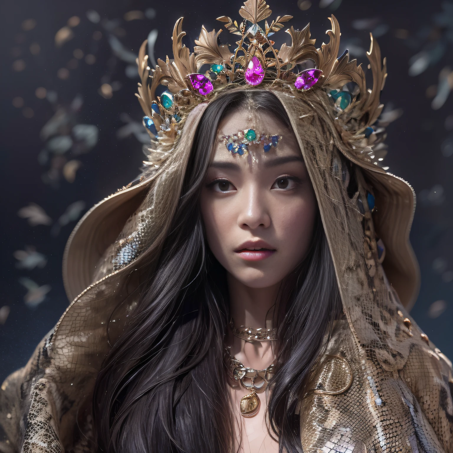 16k(tmasterpiece,k hd,hyper HD,16k)Long flowing black hair,Jewelry quarter in the back room,Brunette King ,Dragon Protector (realisticlying:1.4),Python pattern robe,Purple-pink tiara,Snowflakes fluttering,The background is pure,Hold your head high,Be proud,The nostrils look at people, A high resolution, the detail, RAW photogr, Sharp Re, Nikon D850 Film Stock Photo by Jefferies Lee 4 Kodak Portra 400 Camera F1.6 shots, Rich colors, ultra-realistic vivid textures, Dramatic lighting, Unreal Engine Art Station Trend, cinestir 800,Hold your head high,Be proud,The nostrils look at people