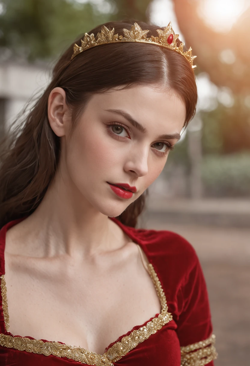 Sexy alexandra daddario as a beautiful female superheroine , green eyes brown hair, ponytail, French braid red crop shirt, with a golden Star, wears a golden tiara on forehead with a red gem in her head , golden bracelets, long red boots, and small red shorts portrait photography by artgerm, in the style of realism, glistening skin, , natural lighting, Defined full lips. Muscular fitness feminine body