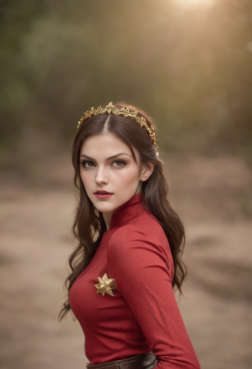 Sexy alexandra daddario as a beautiful female superheroine , green eyes brown hair, ponytail, French braid red crop shirt, with a golden Star, wears a golden tiara on forehead with a red gem in her head , golden bracelets, long red boots, and small red shorts portrait photography by artgerm, in the style of realism, glistening skin, , natural lighting, Defined full lips. Muscular fitness feminine body