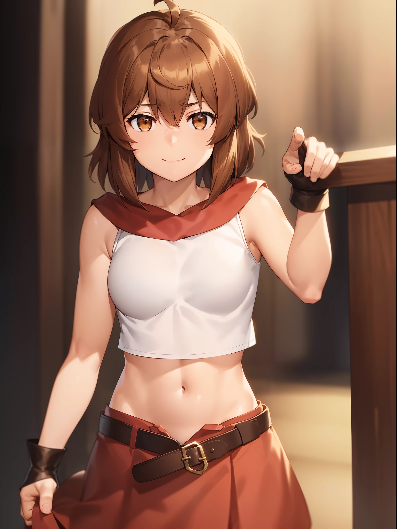 (anime screencap,
1girl, upper body, brown hair, navel, closed mouth,smile, midriff, skirt, brown eyes, solo,short hair, belt, open belt, medium breasts, simple background, ahoge, standing, submission, blood, tortured),(1 man)