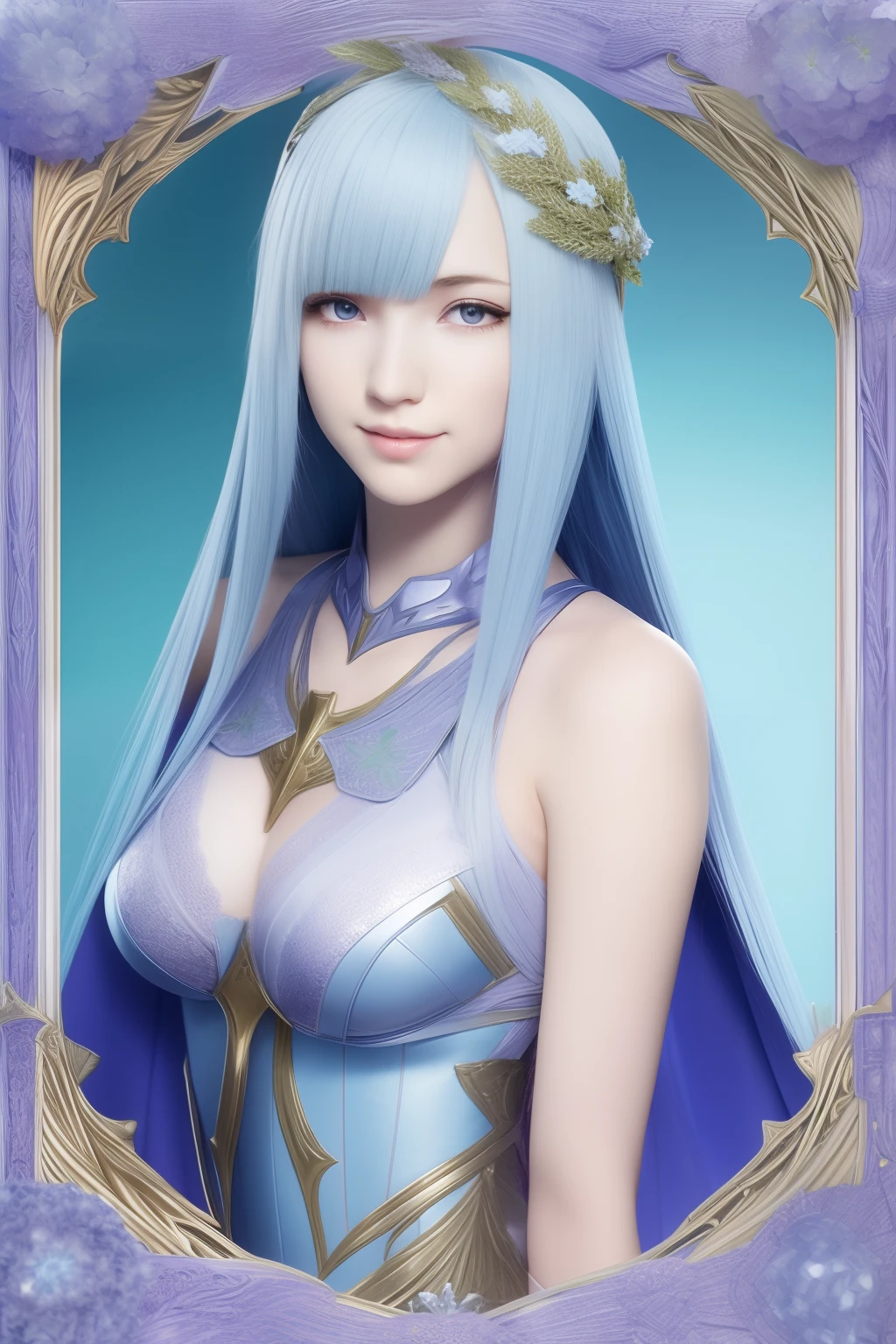 (master piece) brynhildr lancer fgo,20-year old,pure,affectionately gaze,gentle smile,laurel wreath,trapeze dress,shyly pose, pretty round face,tall,very skinny,slender,light blue hair, cross-cut bangs strongly leans to the right,detailed hair