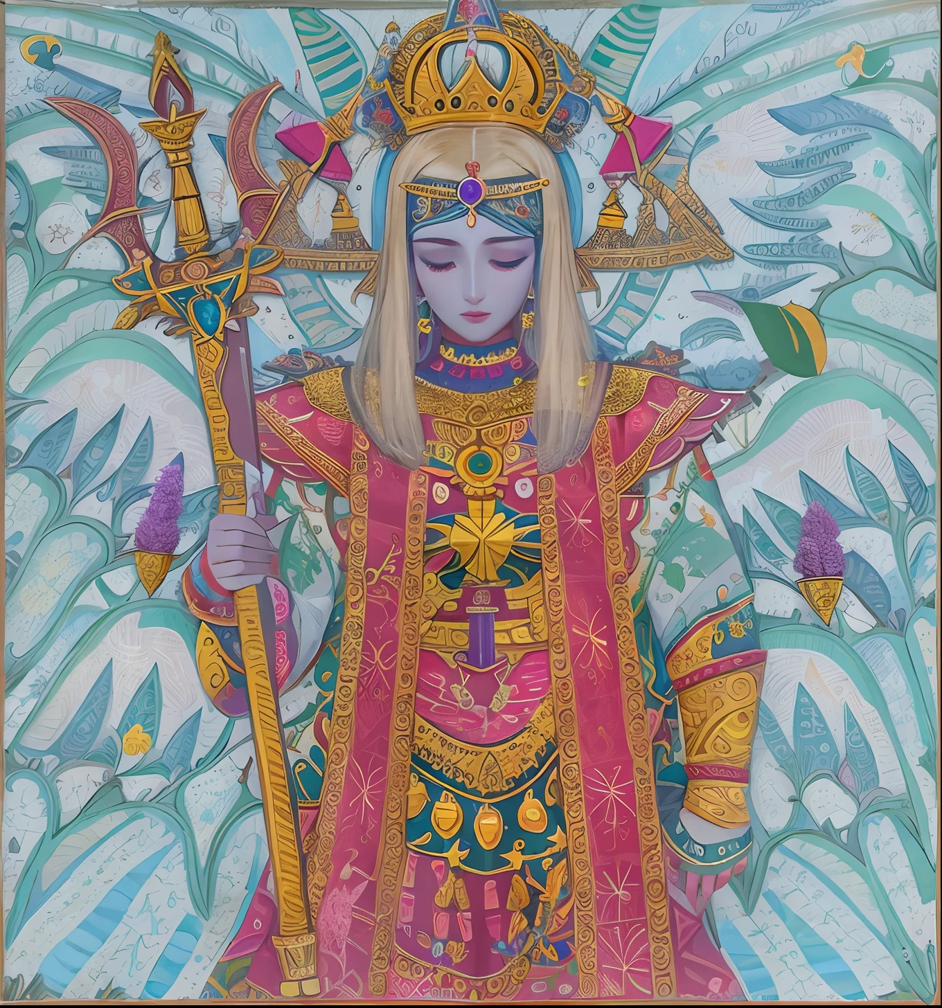 Painting of a woman with a crown and a sword in her hands, O Deus Imperador da Humanidade, Arcanjo Miguel, inspirado no Mestre da Lenda de Santa Luzia, as a mystical valkyrie, lord of change, arcanjo, O Deus Atena, inspirado por Li Chevalier, mystical atlantean valkyrie, Deusa da Raiva, Armadura Dourada Angelical