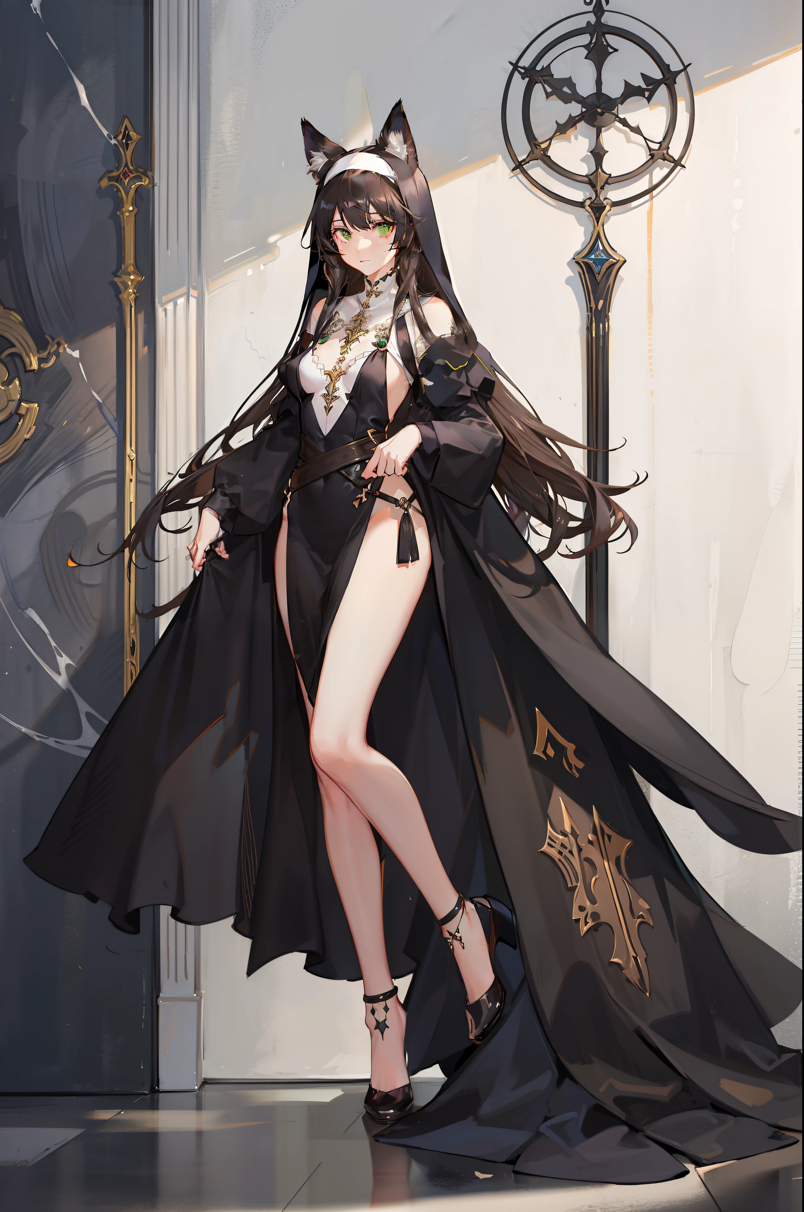 one woman, fox ears, fox tail, nun dress, dark brown hair, green eyes, big ass, small chest, nun habit, full body, mature lady, tall person, loincloth, sexy,