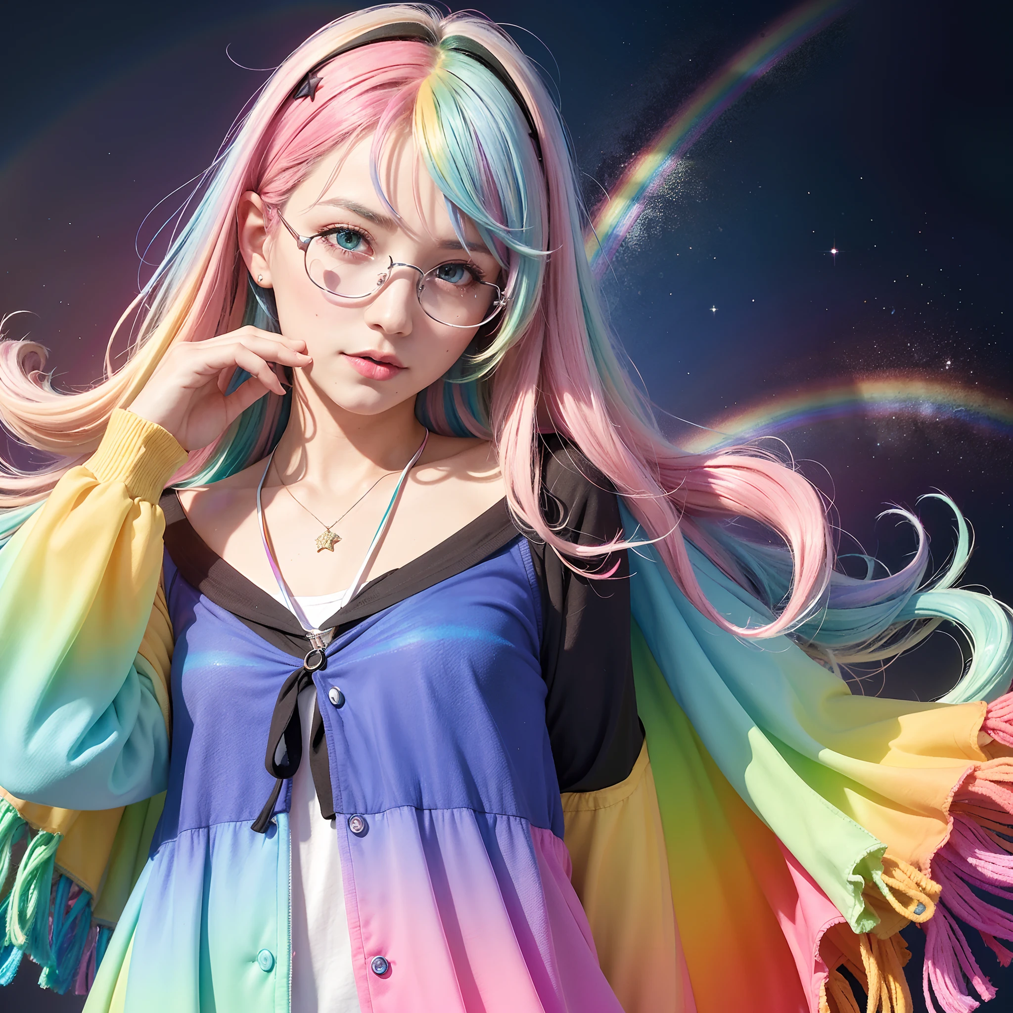 (masterpiece, highest quality, highest quality, watercolor art (pendant), official art, beautiful and aesthetic, (1.2), (1 girl: 1.3), (fractal art: 1.3), full body, star-shaped pupil, , pattern, ((iridescent hair, colorful hair, half blue and half pink hair: 1.2)), (school uniform), colorful, glasses, writing, heterochromia, (colorful: 1.5), ((rainbow sky)), sun, (embarrassed face)