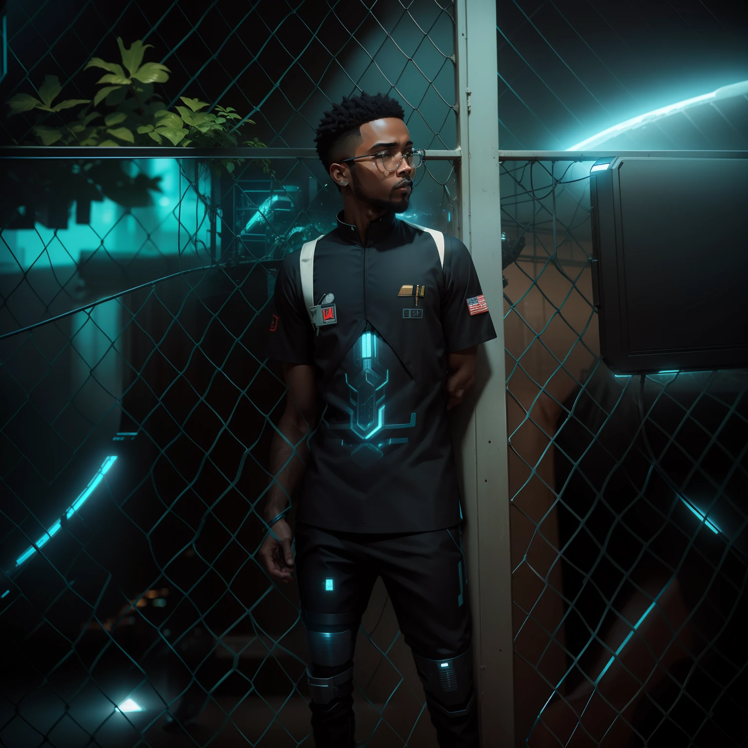 Sci-Fi suit, cinematic background, jins pant, 8k, real, sad theme, black boy, small beard