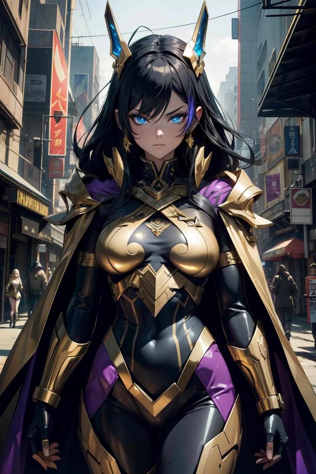 Dark Cyberpunk City、Villain Phantom、Wearing a gold and white cloak、Wearing a black and purple tribal print bodysuit、28 year old beautiful woman, Very long hair, Golden hair,There is a feeling of fear、The town is in flames、masutepiece, Hyper realistic, 8K, Bokeh, Fire Luminescent, Each part of the body glows blue、