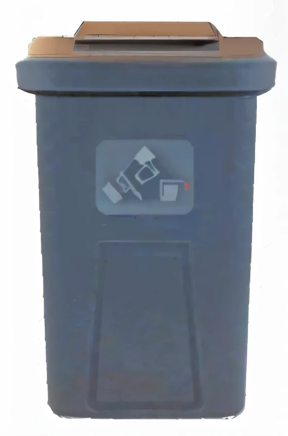 Close up of black trash can with stickers,Small trash can, trash cans, drawn image, ( ( ( ( ( Full image, garbage plastic,heavy detail, black plastic