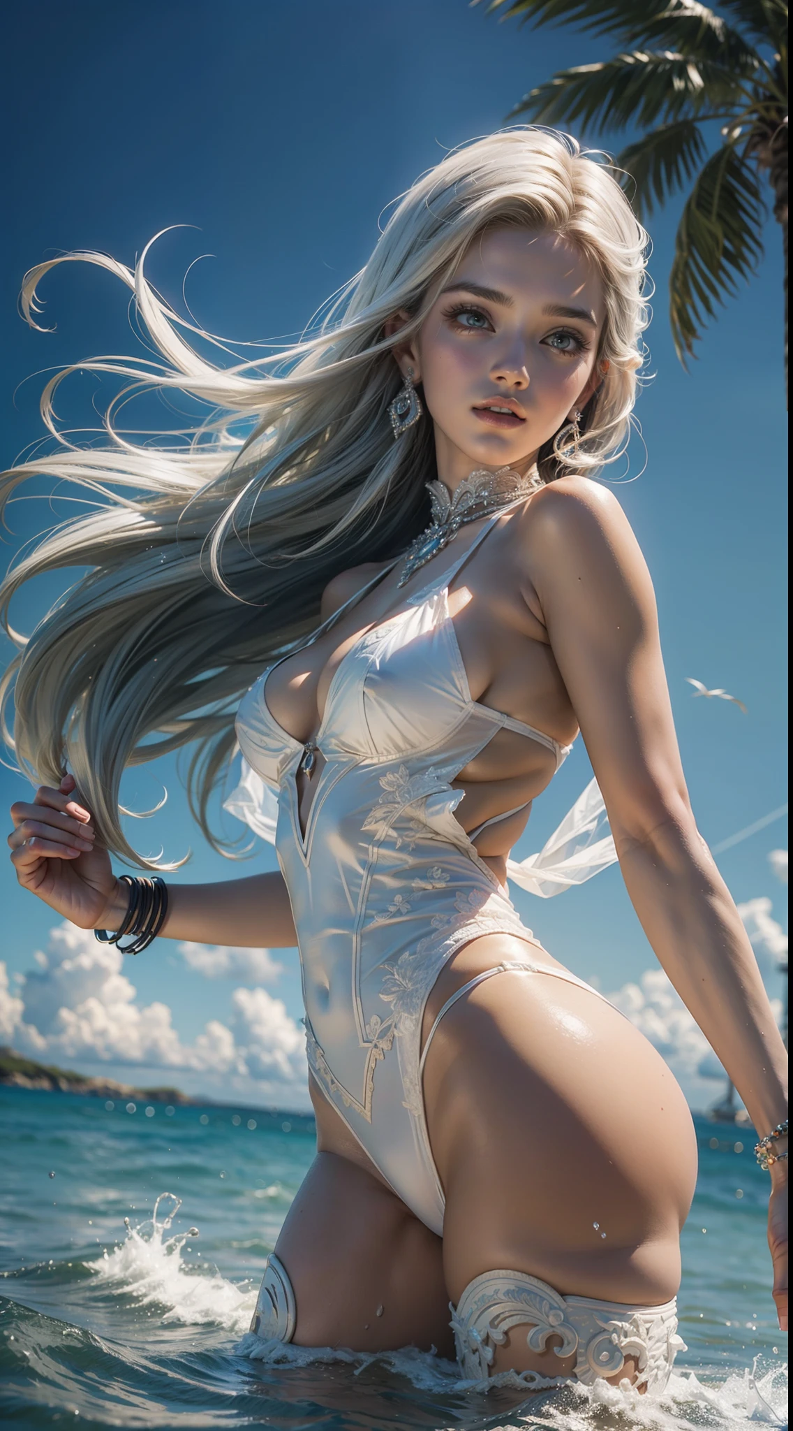 1 garota de 18 anos com corpo feito de gelo transparente ((mulher de gelo)), cabelos prateado e branco, sentada no gelo,nevando,8k super realista