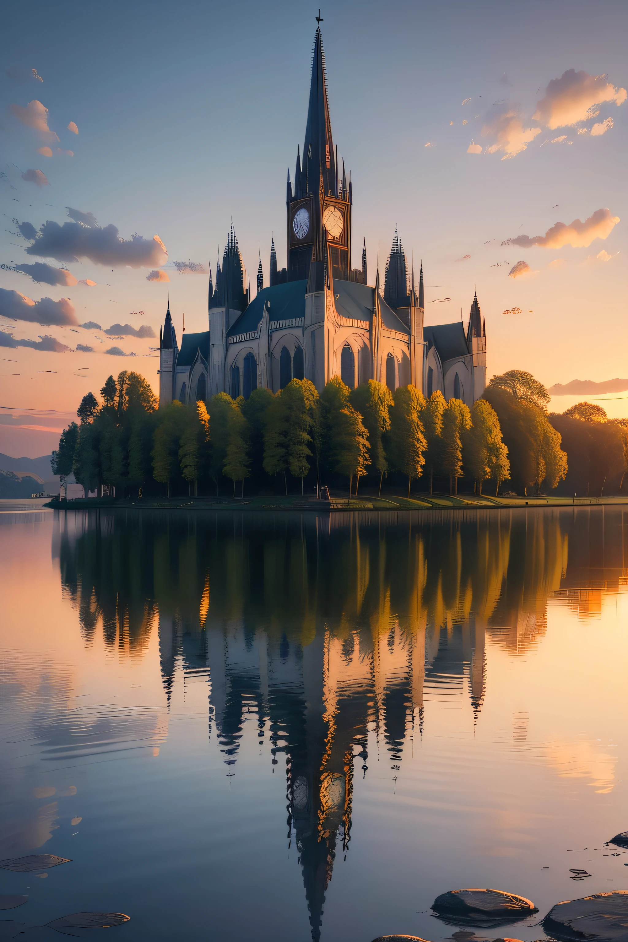 The majestic cathedral, filled with poetry and tranquility, is reflected in the serene lake, mirroring the beauty of the cathedral. The sky at sunset.