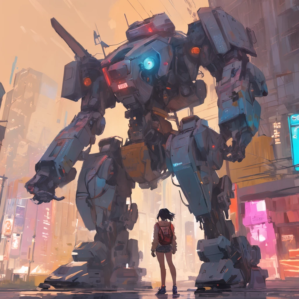 anime girl in short shorts and jacket standing next to giant robot, artwork in the style of guweiz, cyberpunk anime girl mech, trending on cgstation, guweiz, by Russell Dongjun Lu, digital cyberpunk anime art, ross tran 8 k, guweiz on artstation pixiv, girl in mecha cyber armor