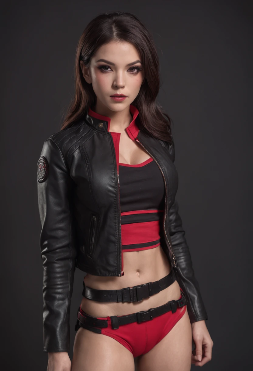 sexy beautiful female superheroine . dark brown hair brown eyes wears a black midriff top with a red stripe on the center and an opening on the chest , wears a domino mask. Wears a small pink leather jacket , wears black shorts that in red in the center, with the addition of fishnet stockings. Wears black boots with a pink outline, she is holding pair of electric Escrima Sticks portrait photography by artgerm, in the style of realism, glistening skin, , natural lighting, Defined full lips. Muscular fitness feminine body