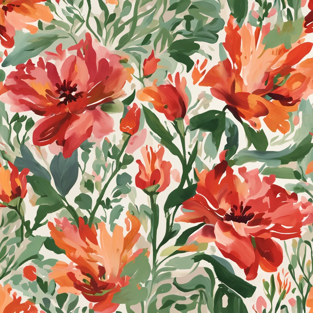 Flat style illustration,Abstract works of art,Floral pattern with red flowers and green leaves, Watercolors inspired by Emily Murray Patterson, Art Nouveau, floral patterns, floral wallpaper, floral motives, Fondo pintado floral, flowery wallpaper, floral explosion, floral patterned skin, Watercolor flowers, Garden floral pattern, Floral details, Seamless pattern design, floral dream